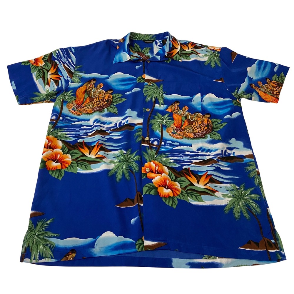 Metrop Russian Hawaiian Shirt Mens XL Blue Short Sleeve Tropical Beachy Vacation